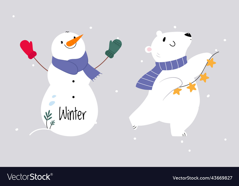 Set of cute winter forest animals snowman