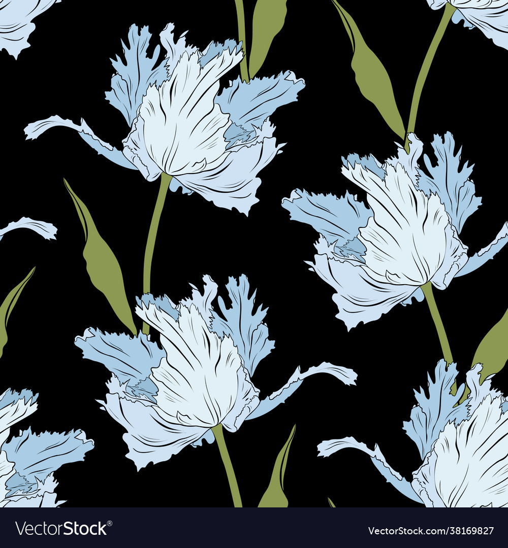 Terry blue tulips on black seamless pattern hand Vector Image