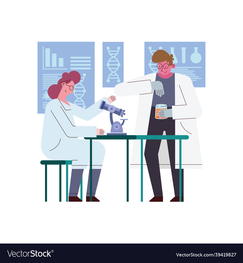 Woman and man scientist with microscope Royalty Free Vector