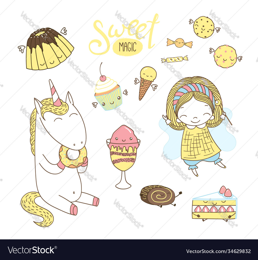 Cute hand drawn dessert unicorn fairy doodles