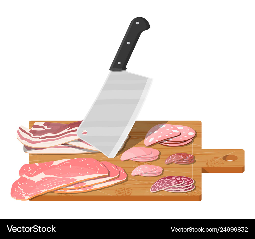 Cutting board butcher cleaver and piace meat Vector Image
