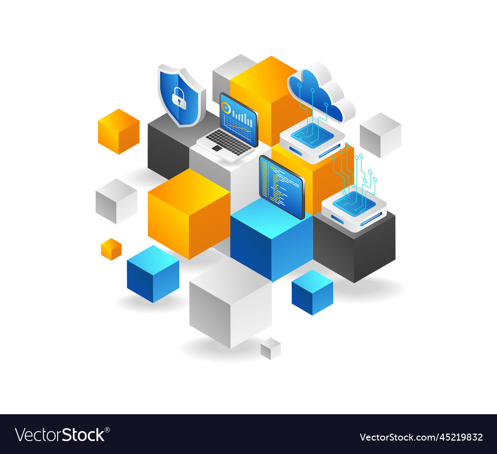 Flat isometric 3d blockchain concept network