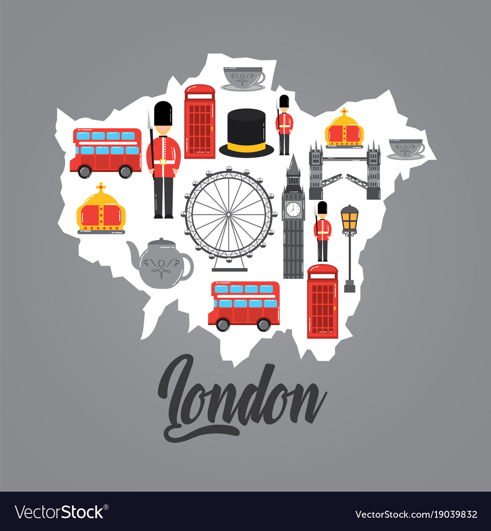 London map with uk landmark symbol inside