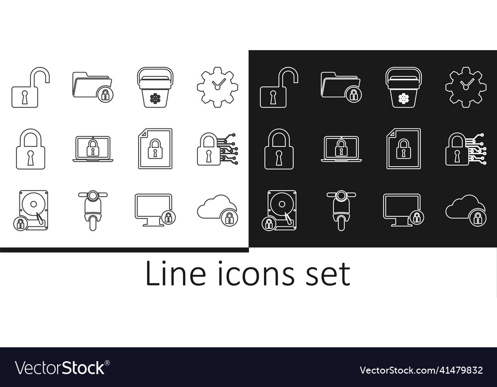 Set line cloud computing lock cyber security vector image Set line cloud computing lock cyber security