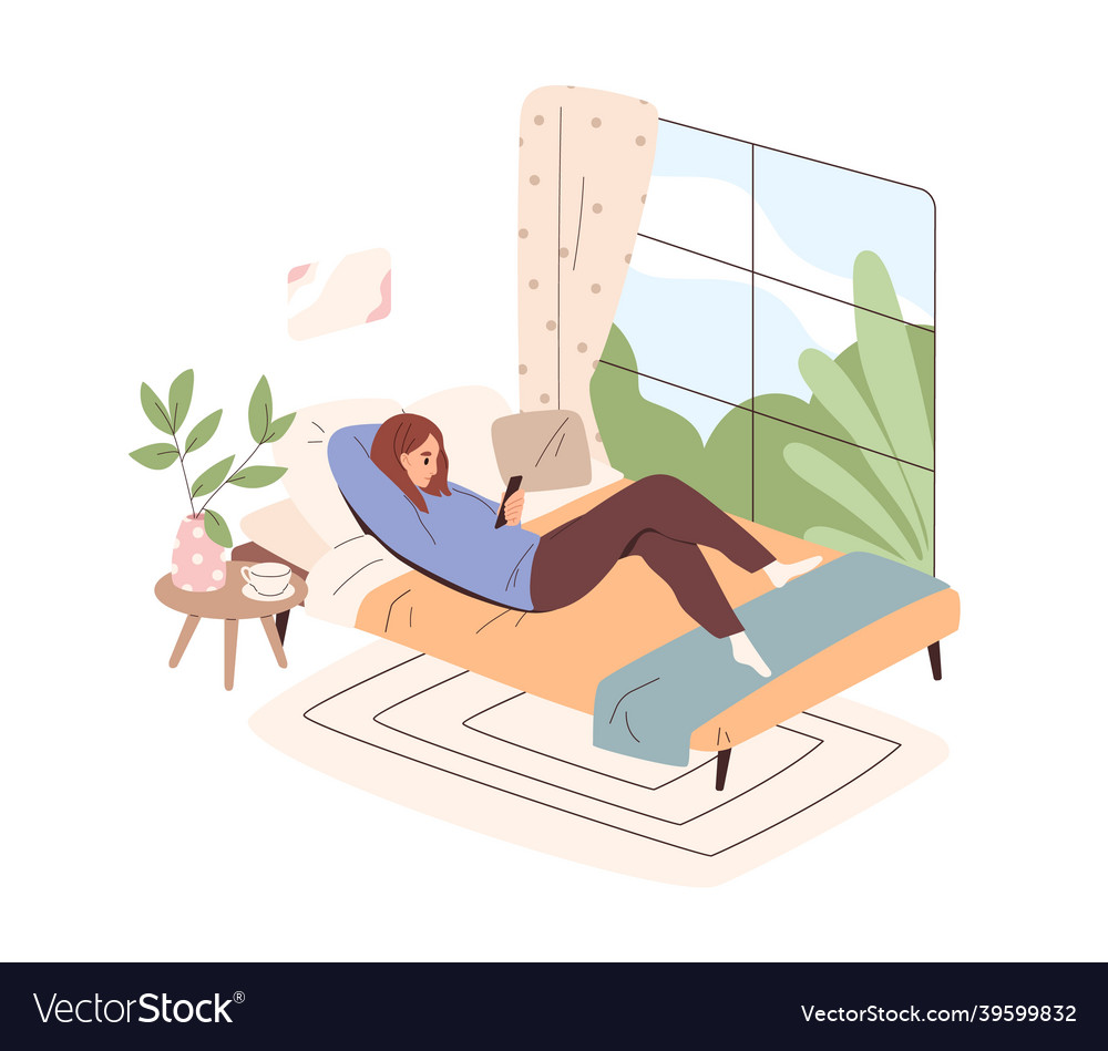 Woman lying in bed with mobile phone person Vector Image