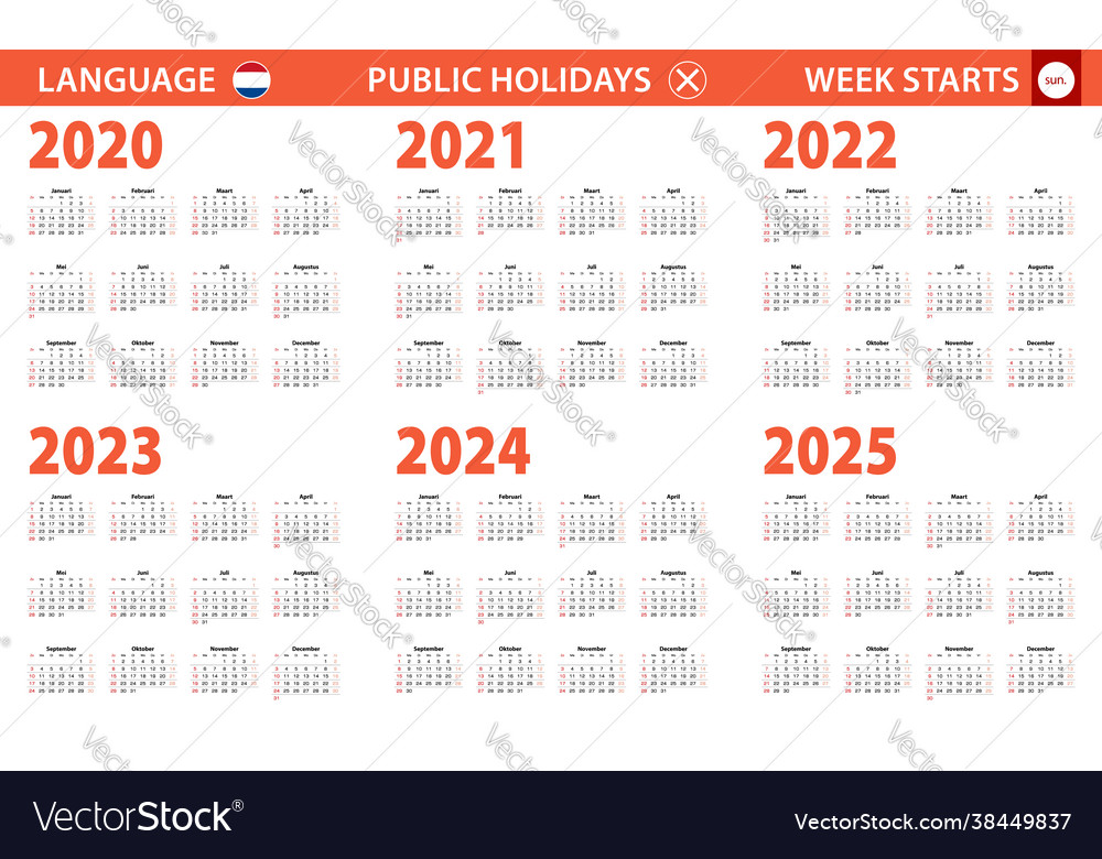 2020-2025 year calendar in dutch language week Vector Image