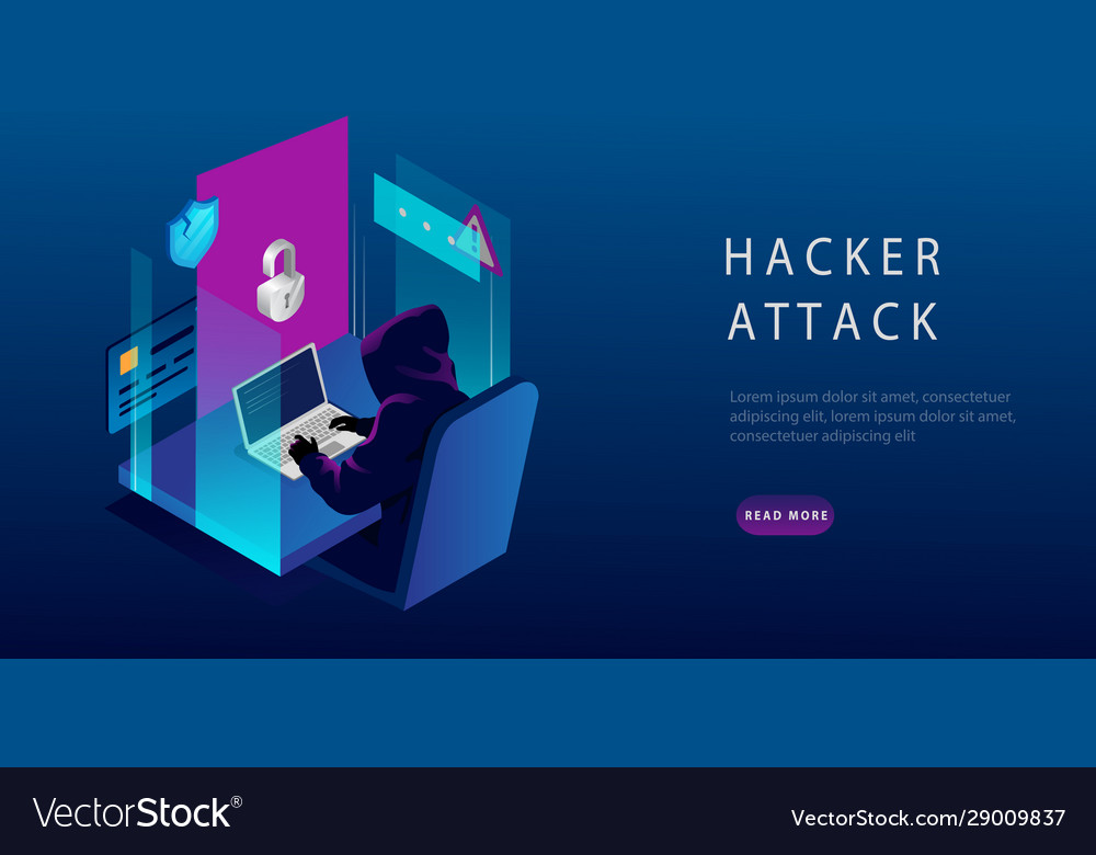 Isometric internet hacker attack and personal data vector image Isometric internet hacker attack and personal data
