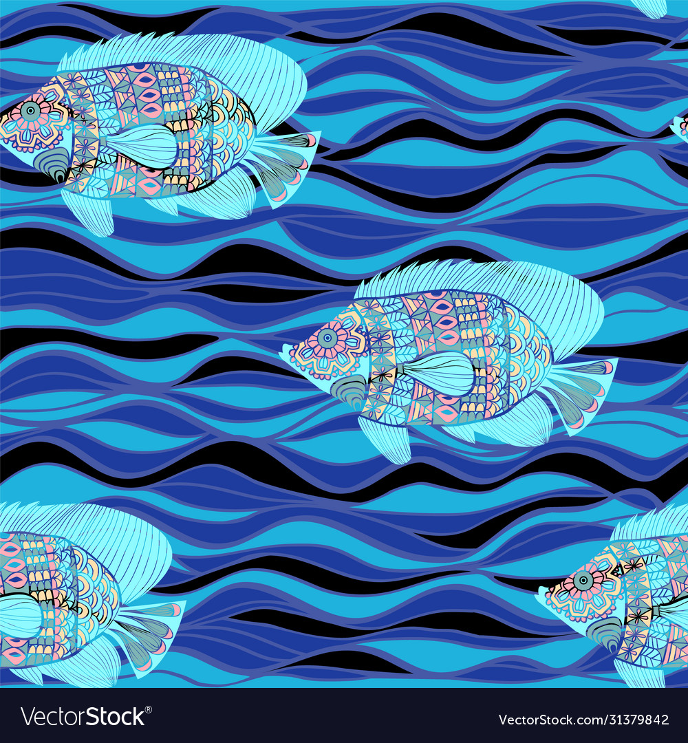 Decorative fish pattern and blue waves seamless