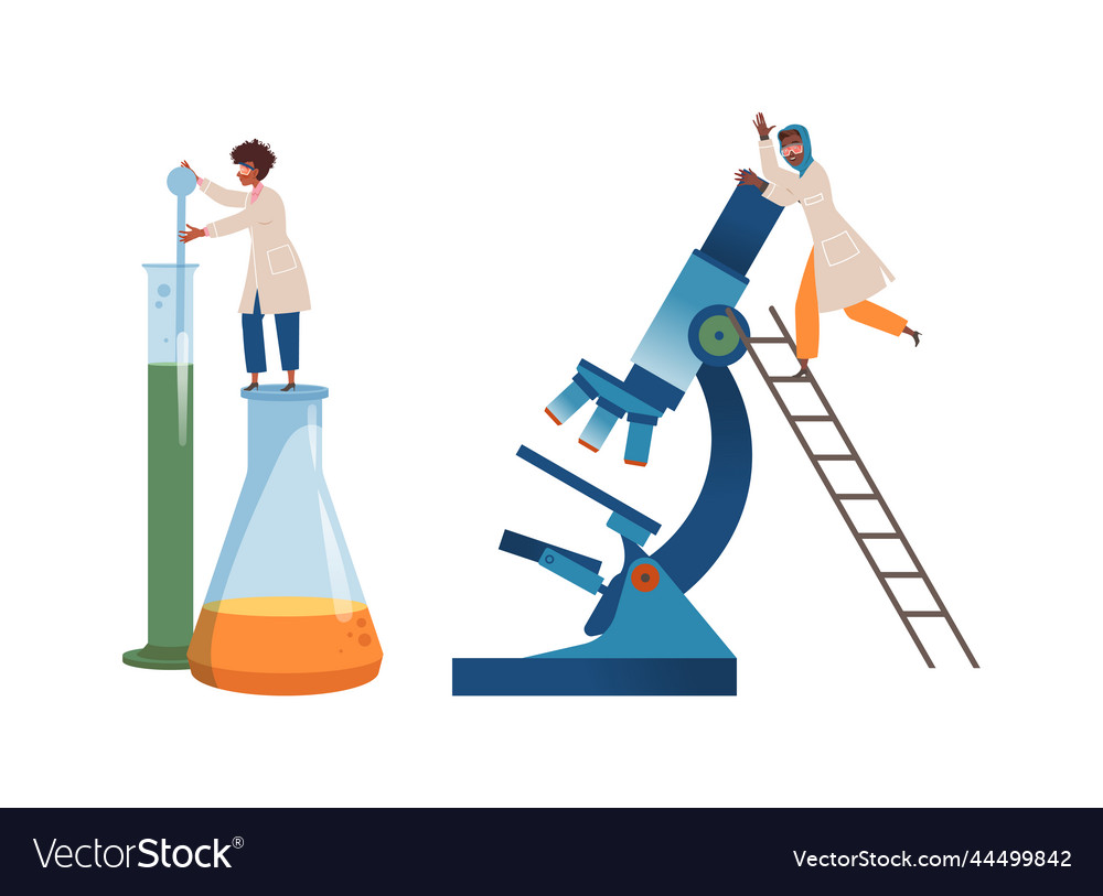 Man and woman scientist character with huge flask vector image Man and woman scientist character with huge flask
