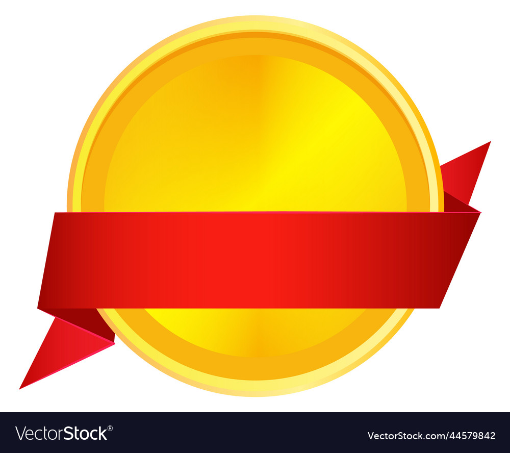 Round golden badge with red ribbon blank emblem Vector Image