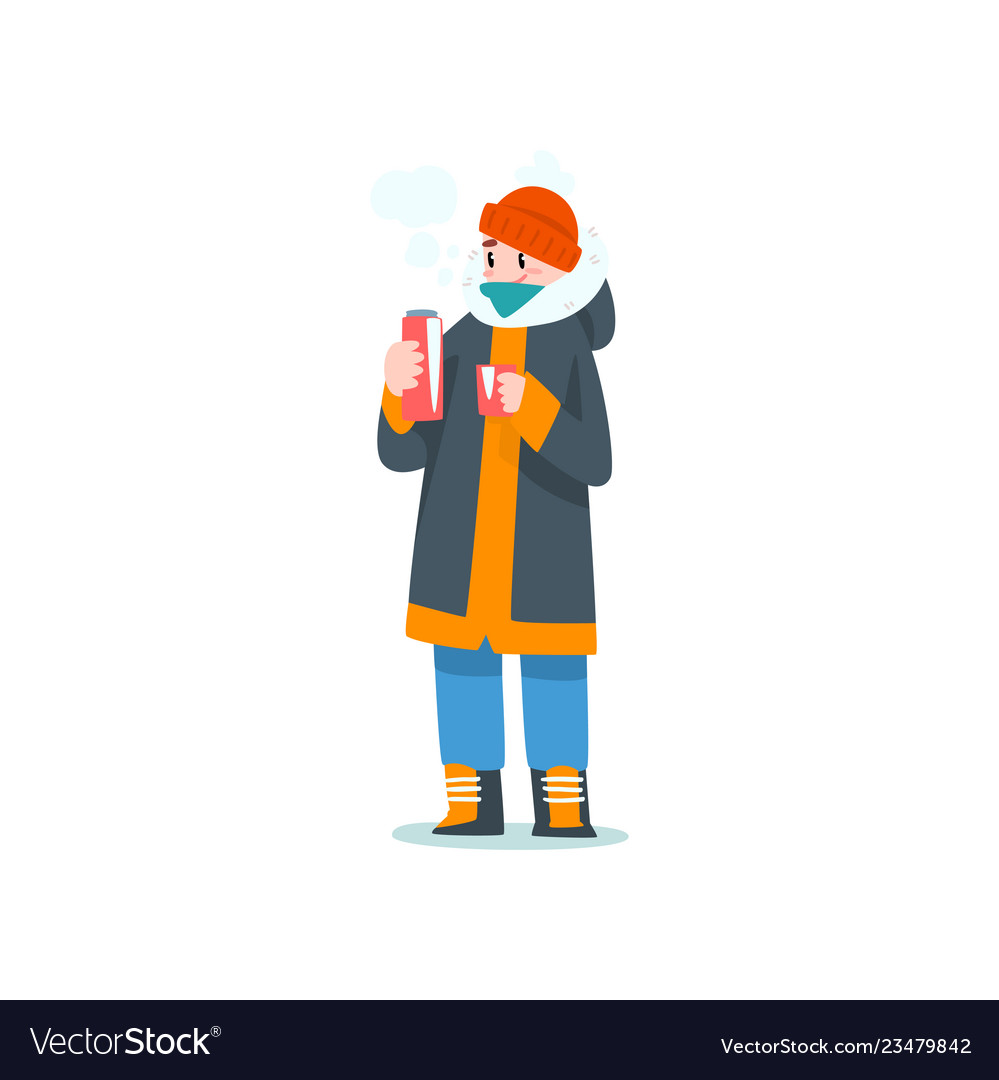 Young man drinking hot tea from thermos outdoor vector image Young man drinking hot tea from thermos outdoor