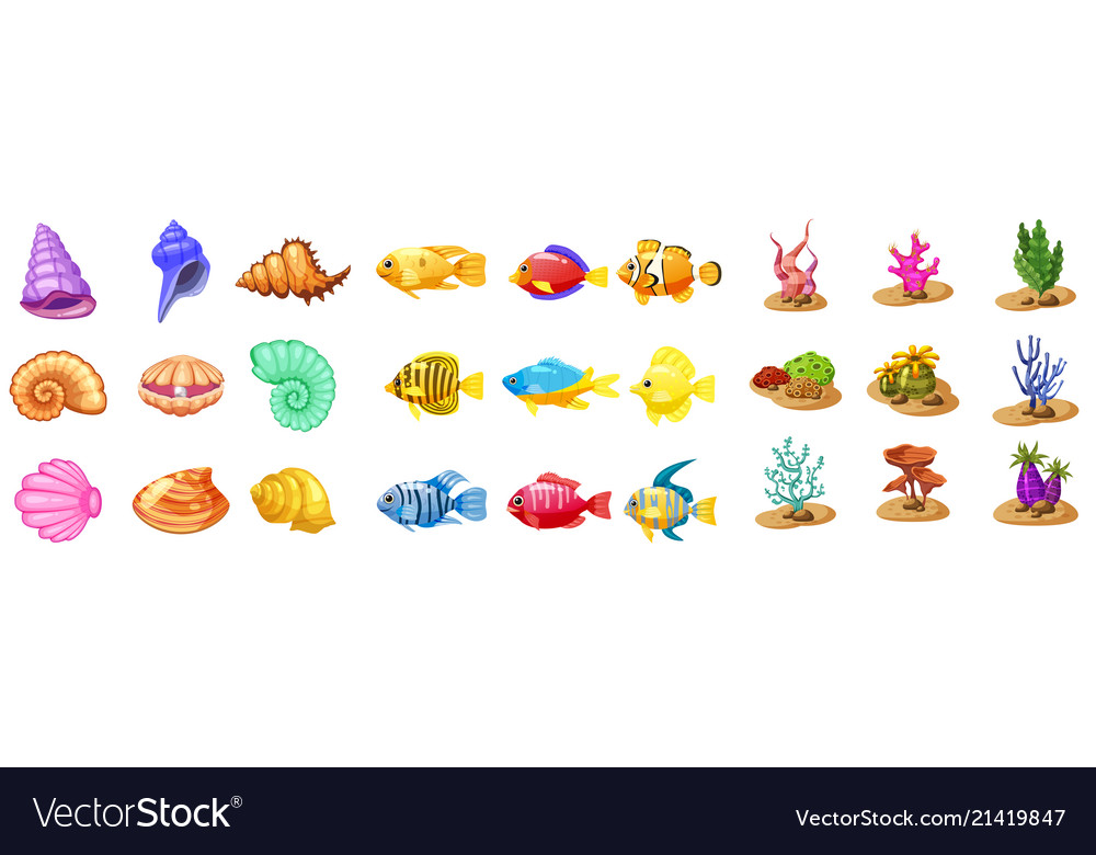 Cartoon game icons with seashell colorful vector image Cartoon game icons with seashell colorful