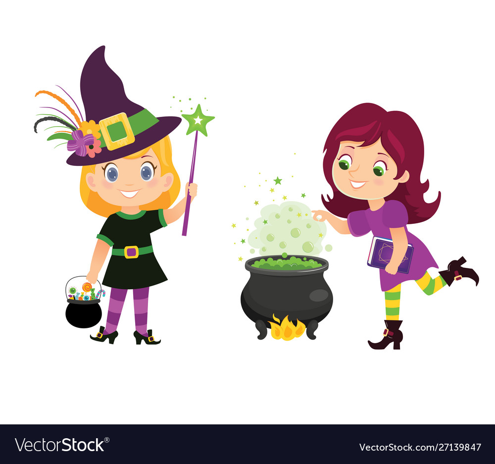 Halloween witches with witch cauldron and hat