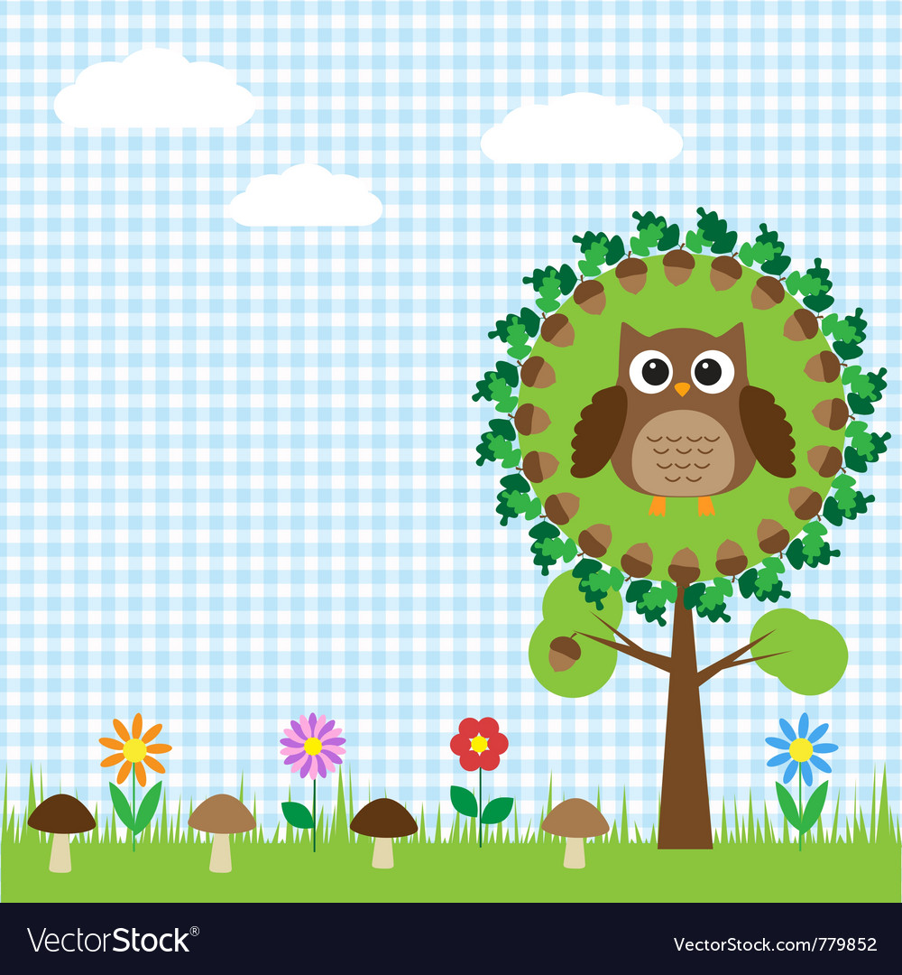 Cute owl sitting on oak
