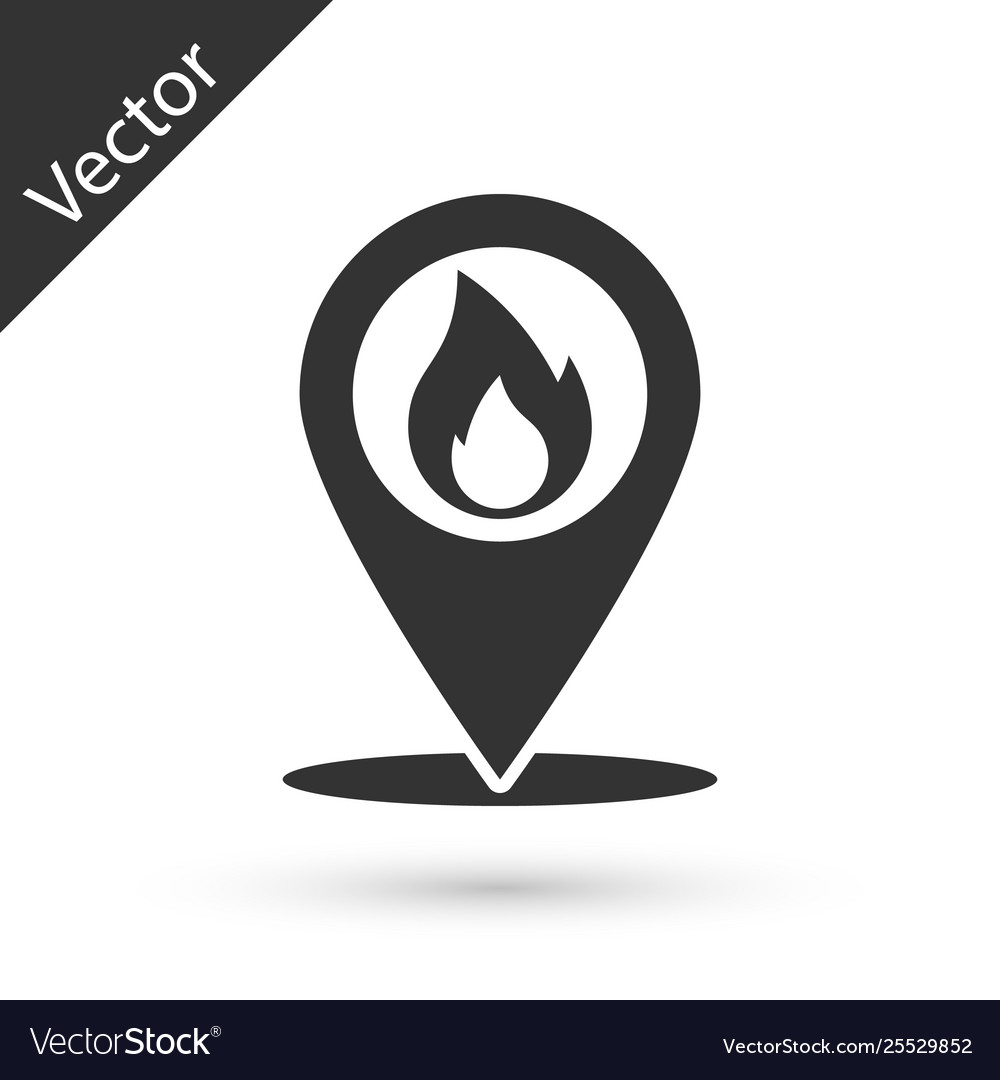 Grey map pointer with fire flame icon isolated vector image Grey map pointer with fire flame icon isolated