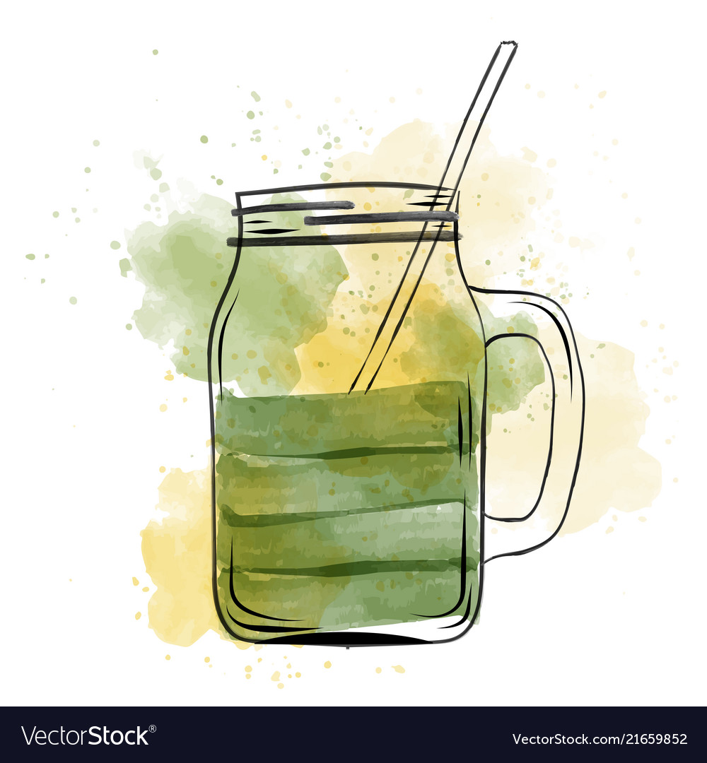 Hand Drawn Green Smoothie Jar In Watercolor Style Vector Image