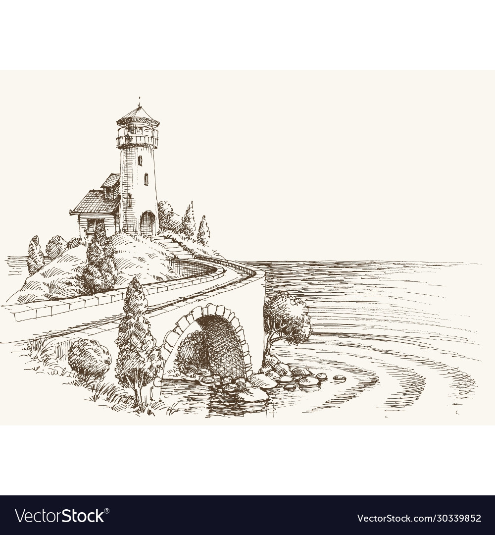 Lighthouse landscape sea shore pencil drawing Vector Image