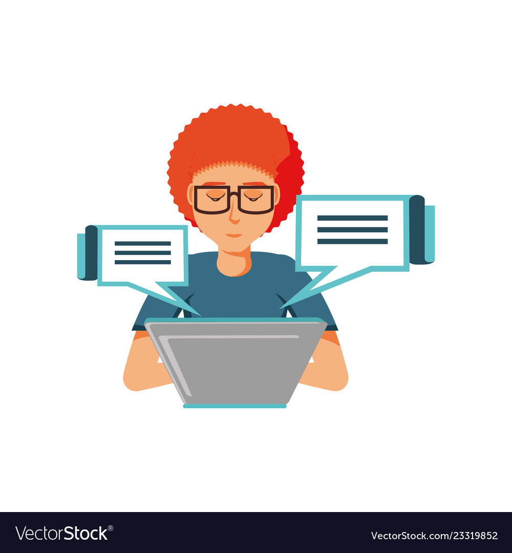 Man with laptop and speech bubbles