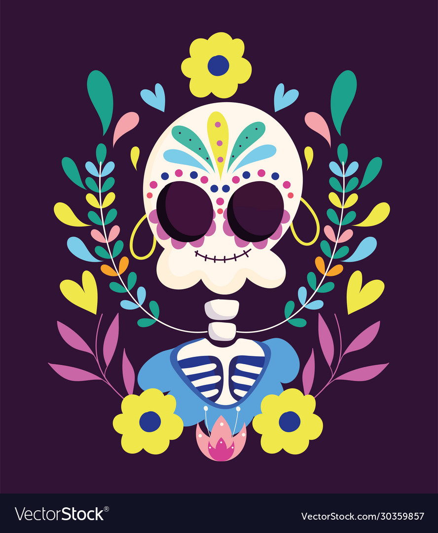 Day dead catrina with flowers earrings Royalty Free Vector