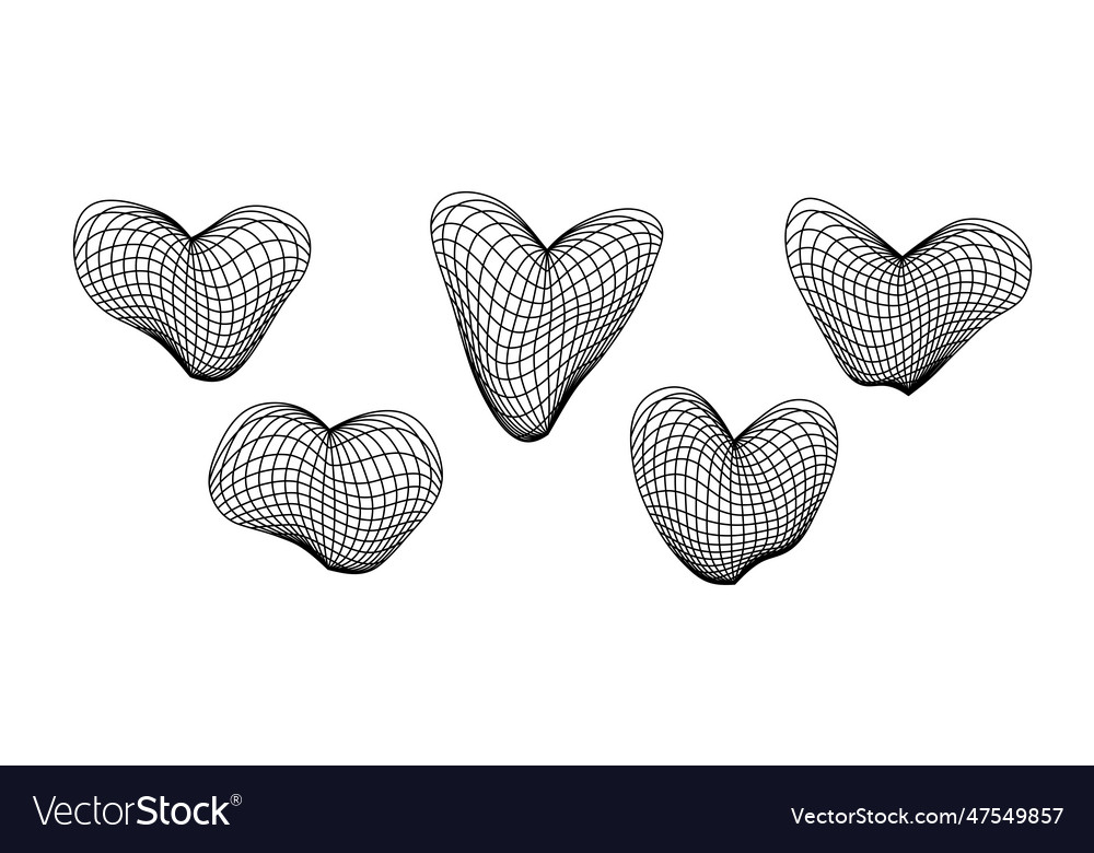 Distorted wireframe heart shapes set wrap grid
