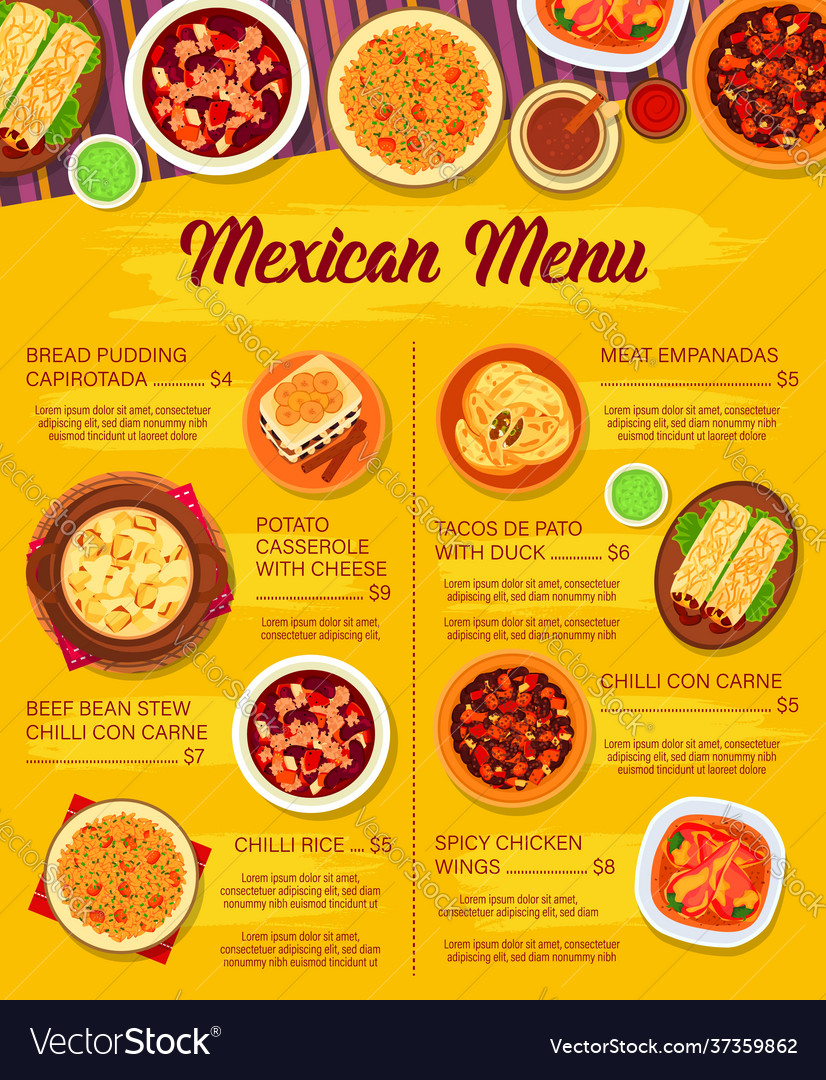 Mexican cuisine menu mexico meals Royalty Free Vector Image