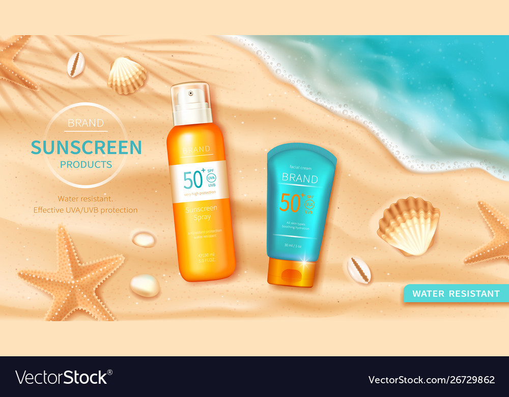 Sunscreen Cosmetics On Sea Or Ocean Background Vector Image