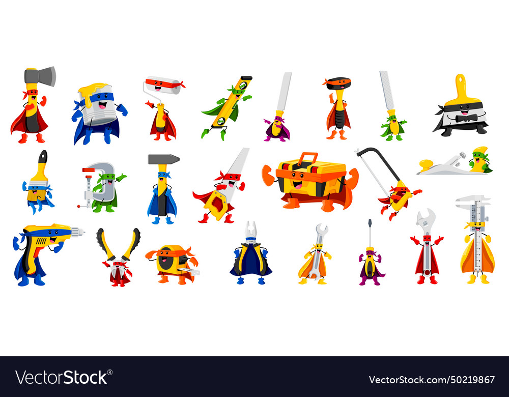 Cartoon diy and repair tools superhero characters