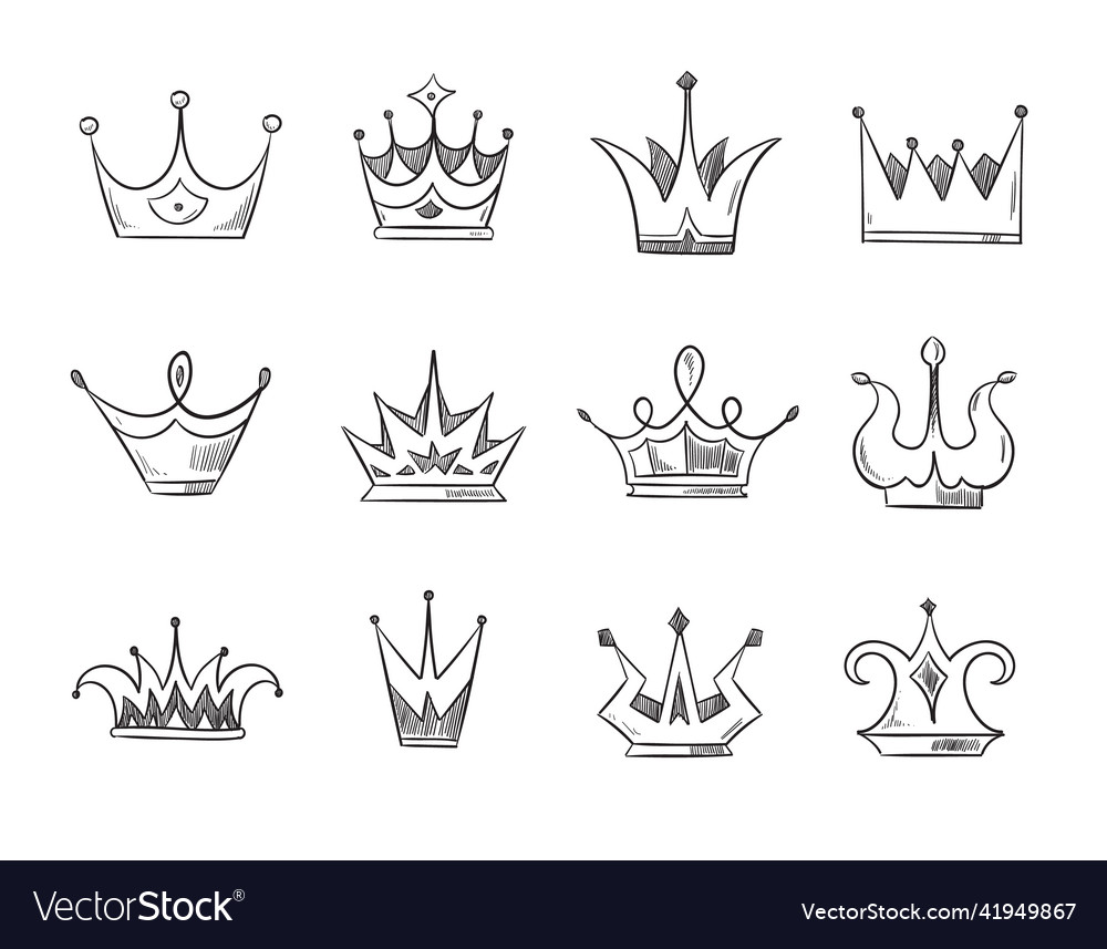 Hand drawn doodle nobility queens crowns set