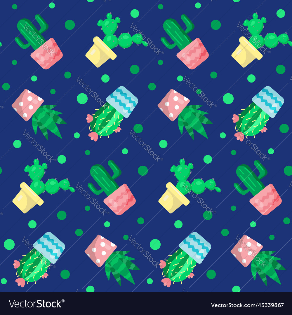 Seamless pattern with green cactuses in pots vector image Seamless pattern with green cactuses in pots