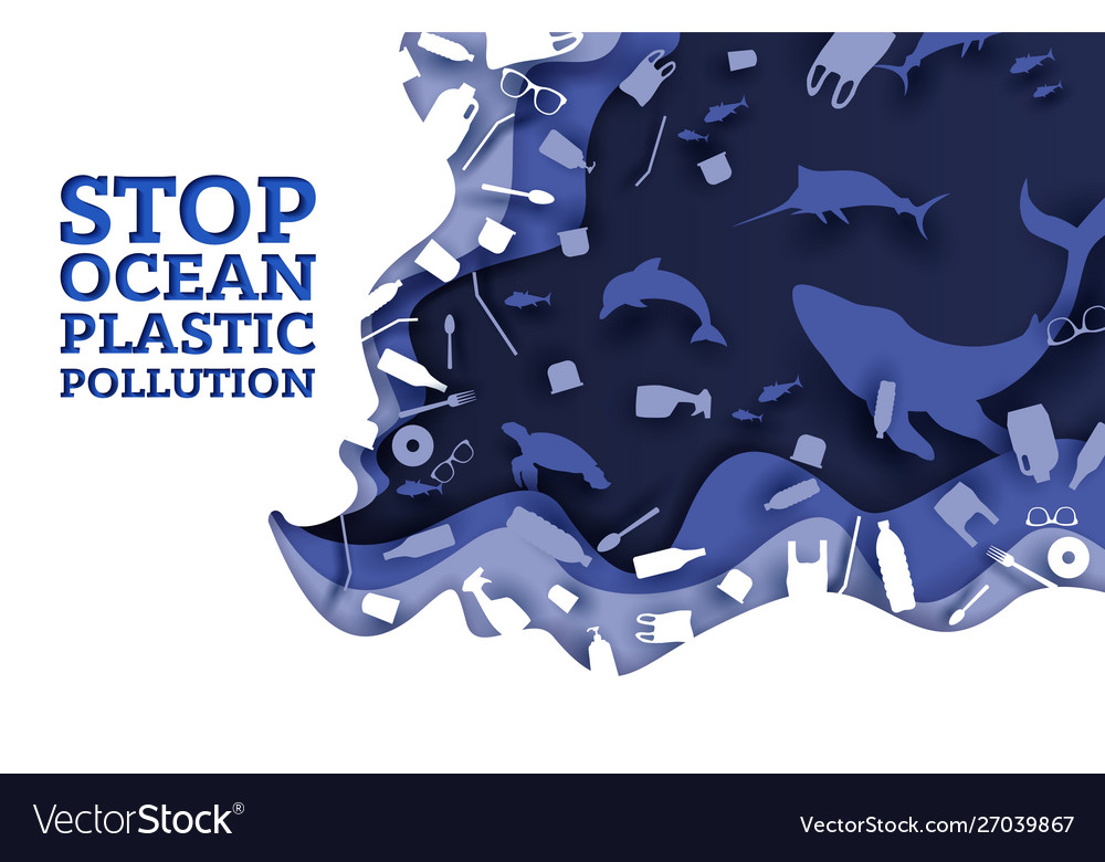 Stop ocean plastic pollution paper cut Royalty Free Vector