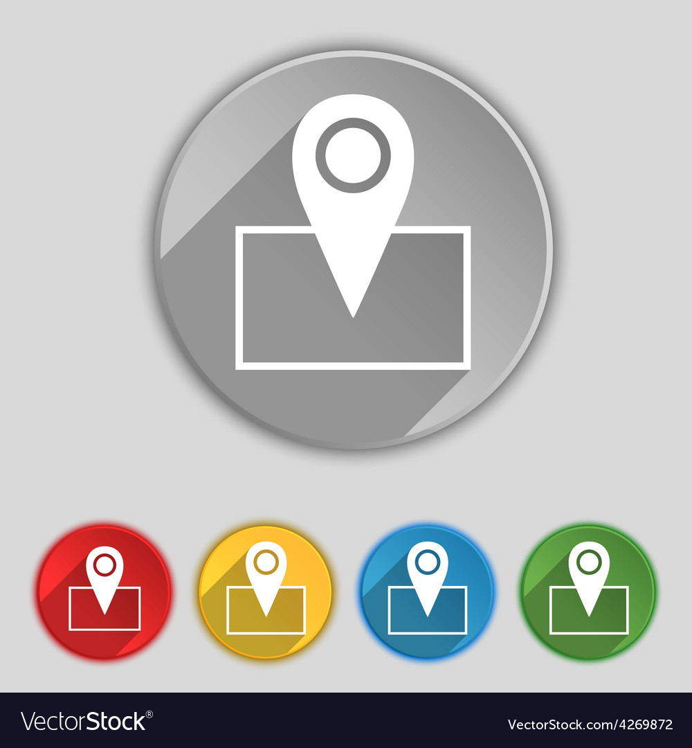 Map pointer icon sign symbol on five flat buttons