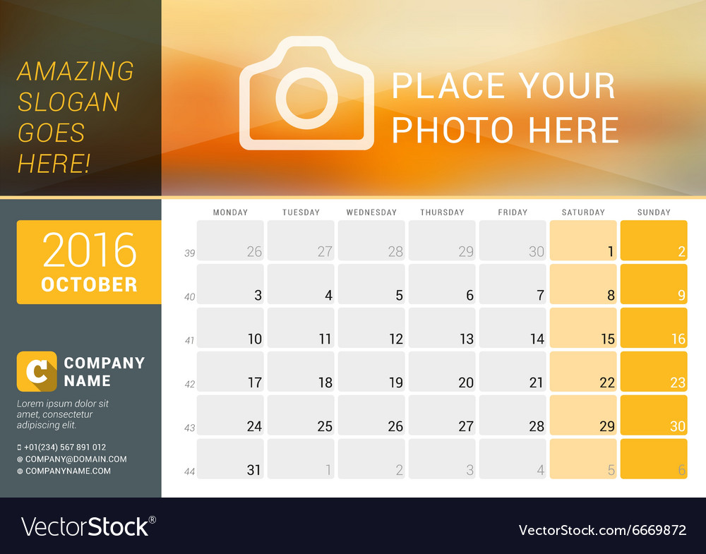 October 2016 Desk Calendar - Weekly Layout