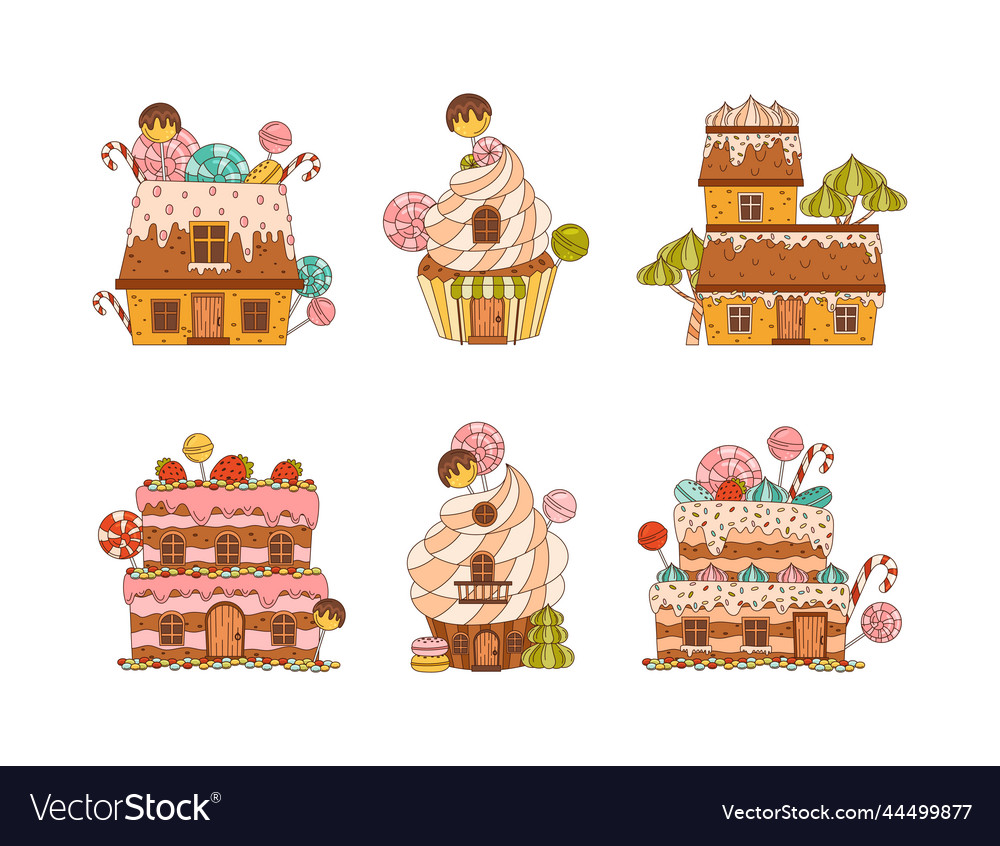 Cute fantasy candy houses set festive gingerbread