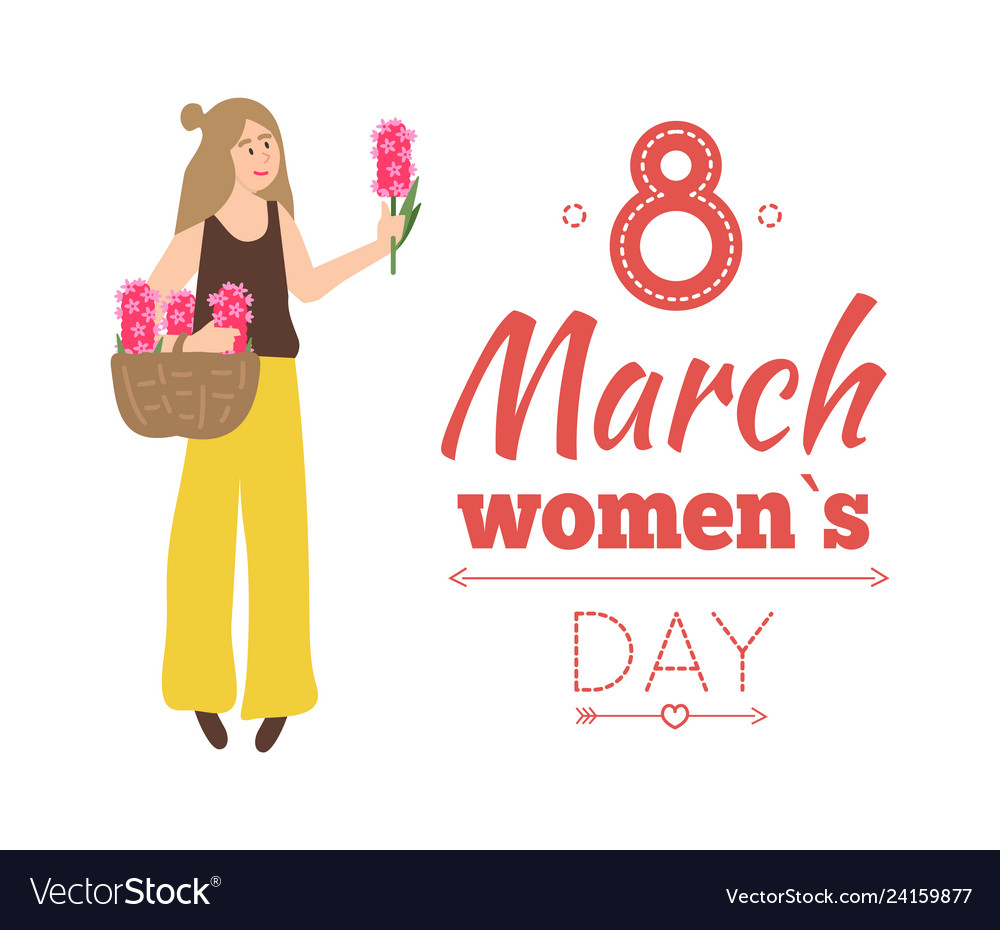 Pretty girl holding basket full of flowers Vector Image