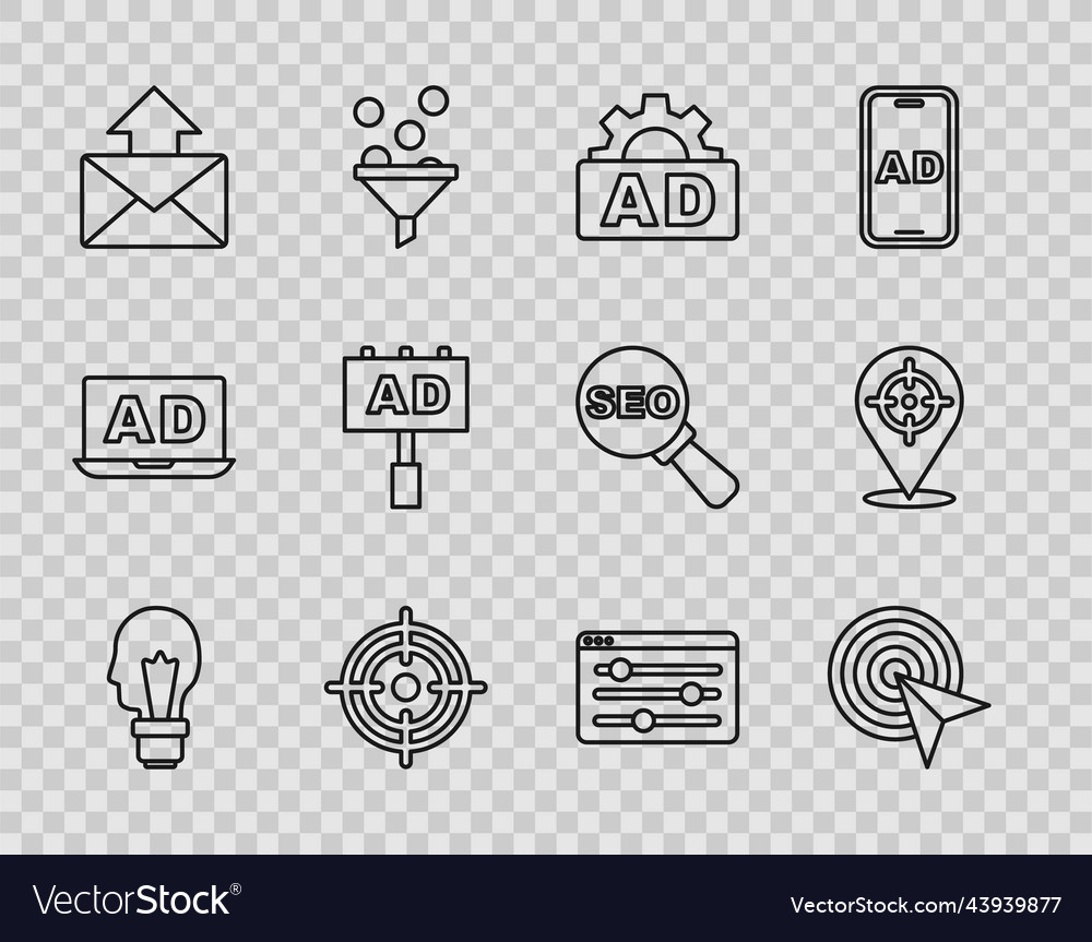 Set line light bulb with concept of idea target vector image Set line light bulb with concept of idea target