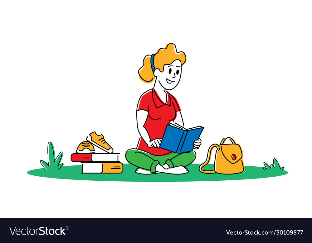 Young woman with book sitting on grass prepare