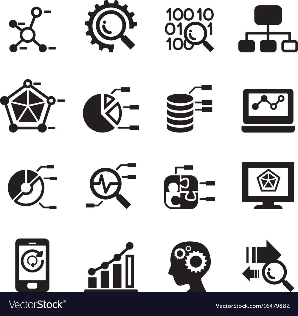 Data mining database analysis icons set Royalty Free Vector