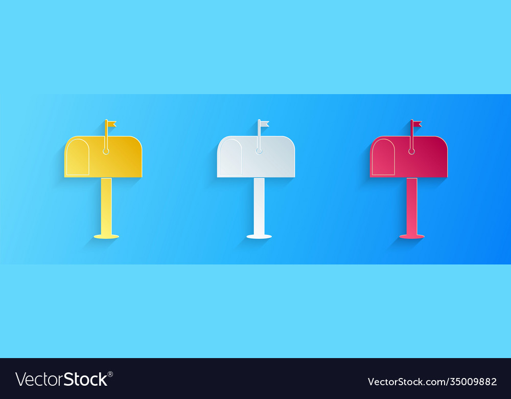 Paper cut mail box icon isolated on blue