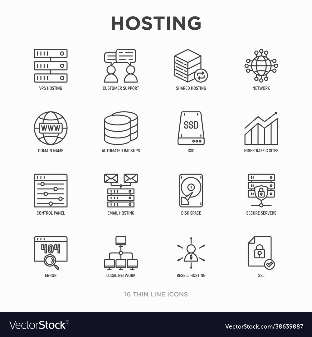 Hosting thin line icons set vps customer vector image Hosting thin line icons set vps customer
