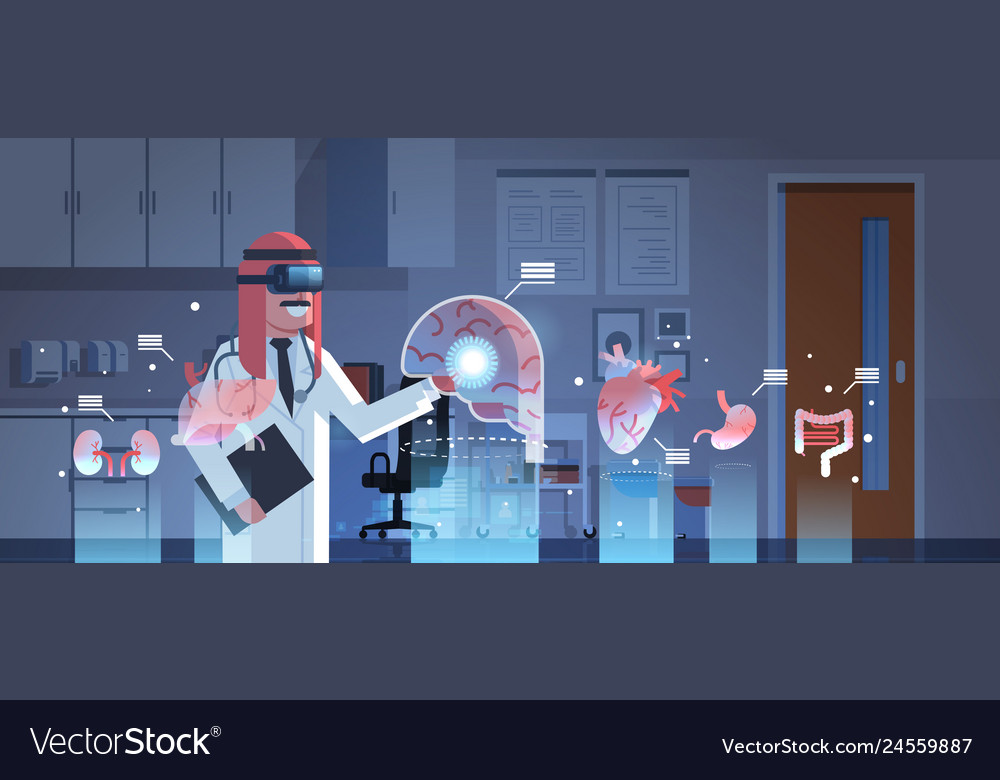 Male arab doctor wearing digital glasses touching vector image Male arab doctor wearing digital glasses touching