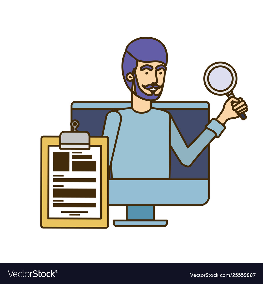 Man on computer screen with white background