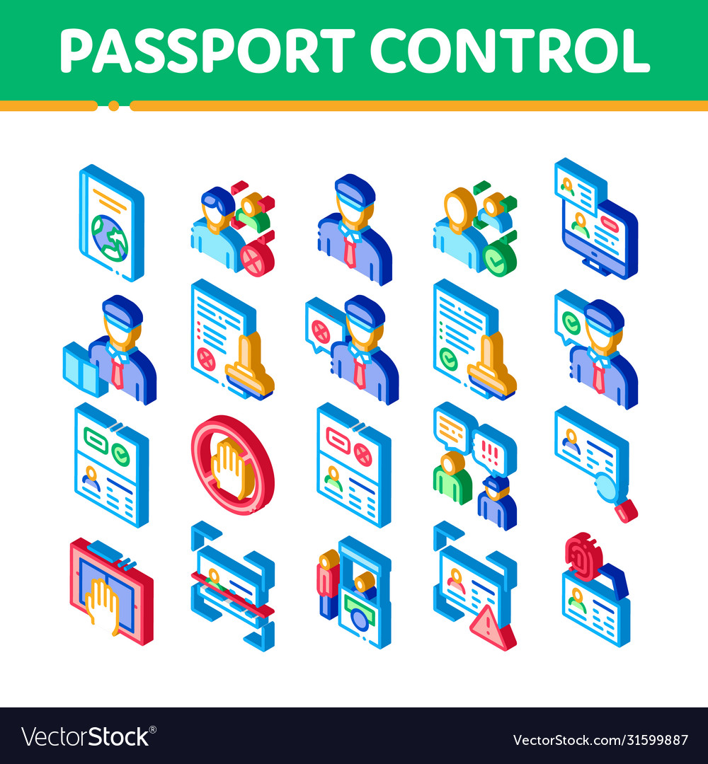 Passport control check isometric icons set vector image Passport control check isometric icons set
