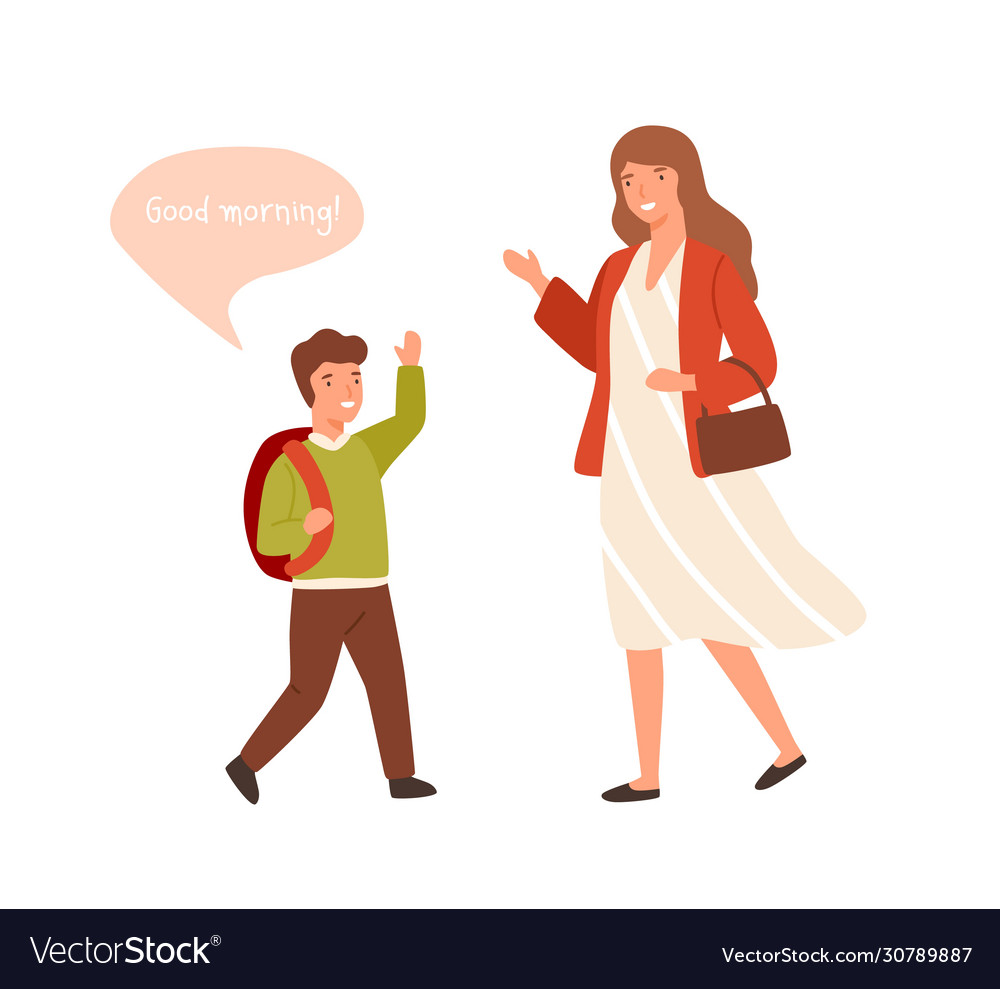 Smiling cartoon well mannered boy greeting adult