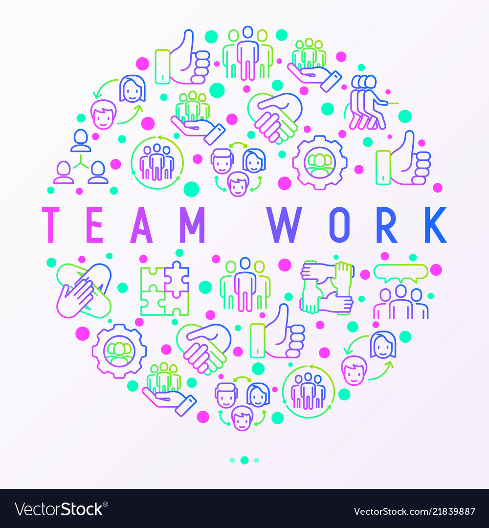 Teamwork concept in circle with thin line icons