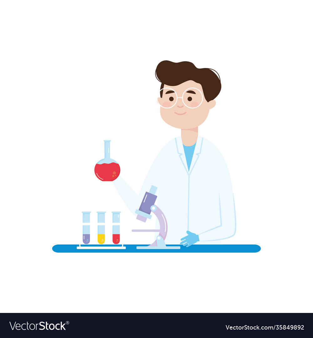 Cartoon Research Doctor With Flask Bottles Vector Image