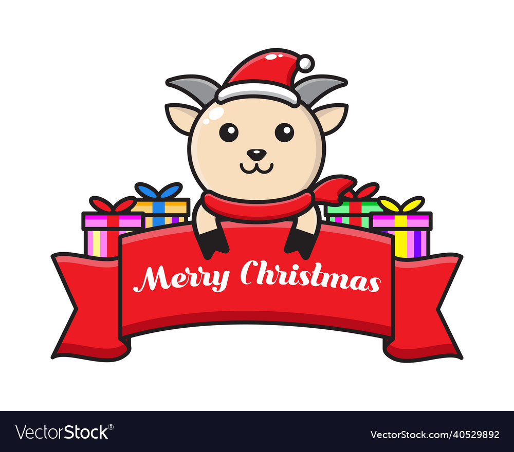 Cute cartoon goat with christmas greeting ribbon vector image Cute cartoon goat with christmas greeting ribbon