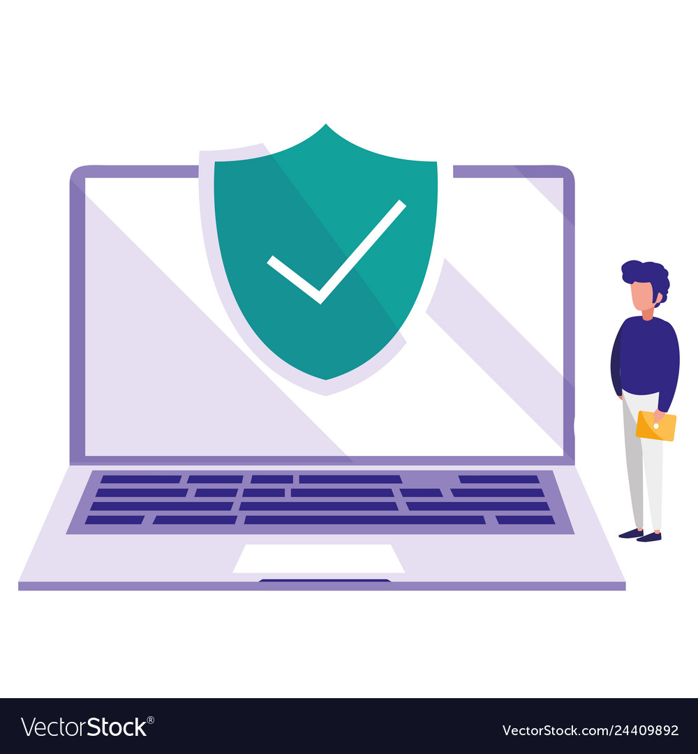 Man using laptop computer with shield