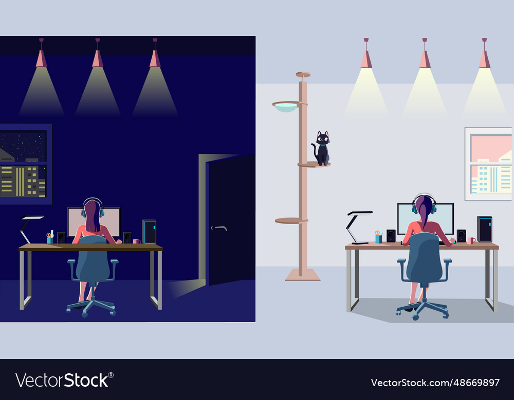 A woman back view operating desktop computer Vector Image