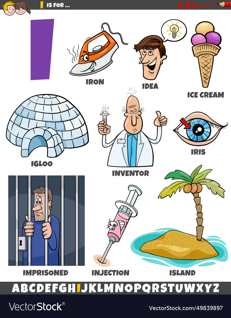 Letter i set with cartoon objects and characters Vector Image