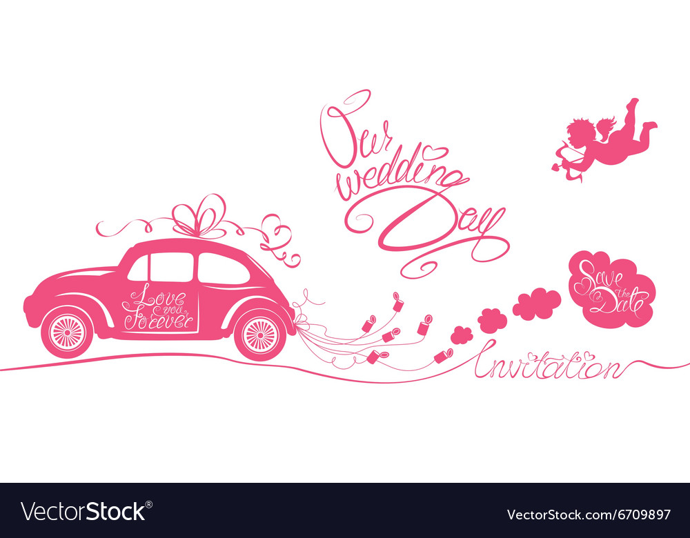 Retro Wedding Invitation - Pink Car & Angel